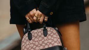 Frau mit Ringen an den Fingern hält Tasche in der Hand