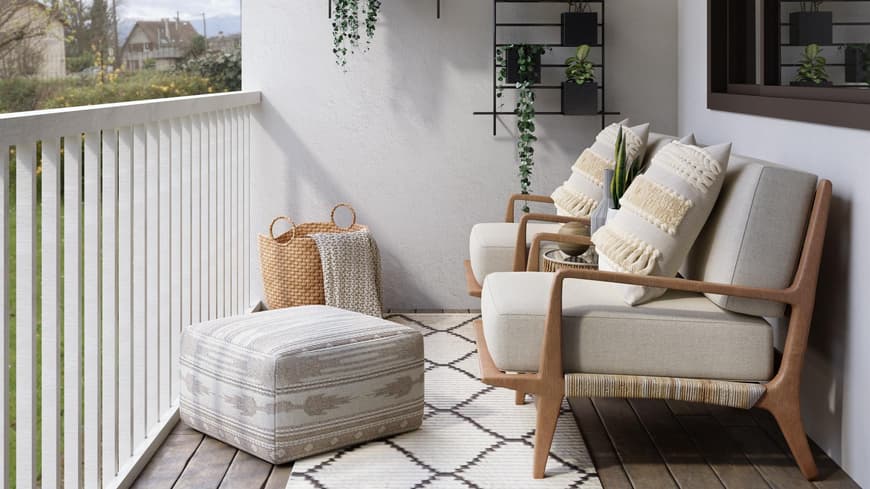 balkon mit möbeln Sofa Teppich Pflanzen