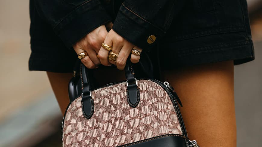 Frau mit Ringen an den Fingern hält Tasche in der Hand