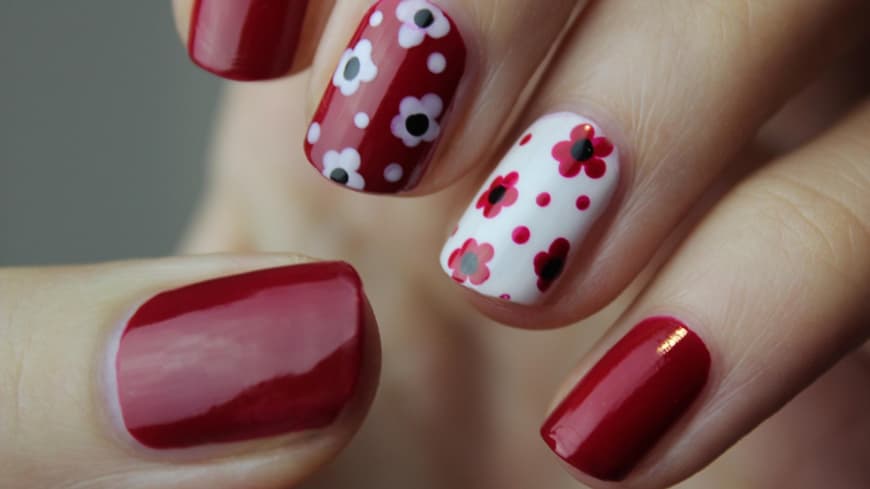 Nägel mit rotem Nagellack und verspieltem Design