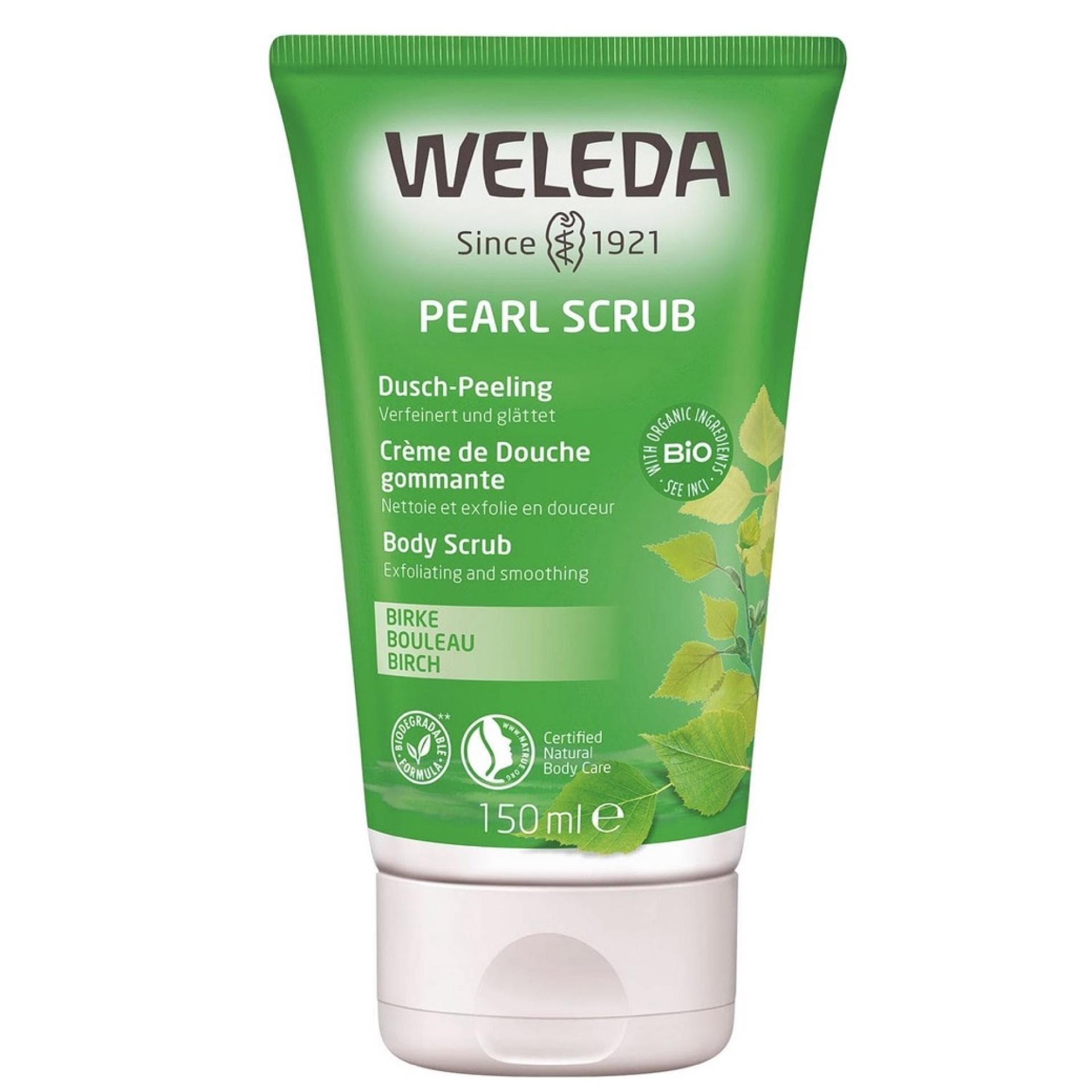 WELEDA Bio Pearl Scrub Dusch-Peeling Birke - schonendes Naturkosmetik Duschgel Körper Peeling für spürbar seidig glatte Haut Large