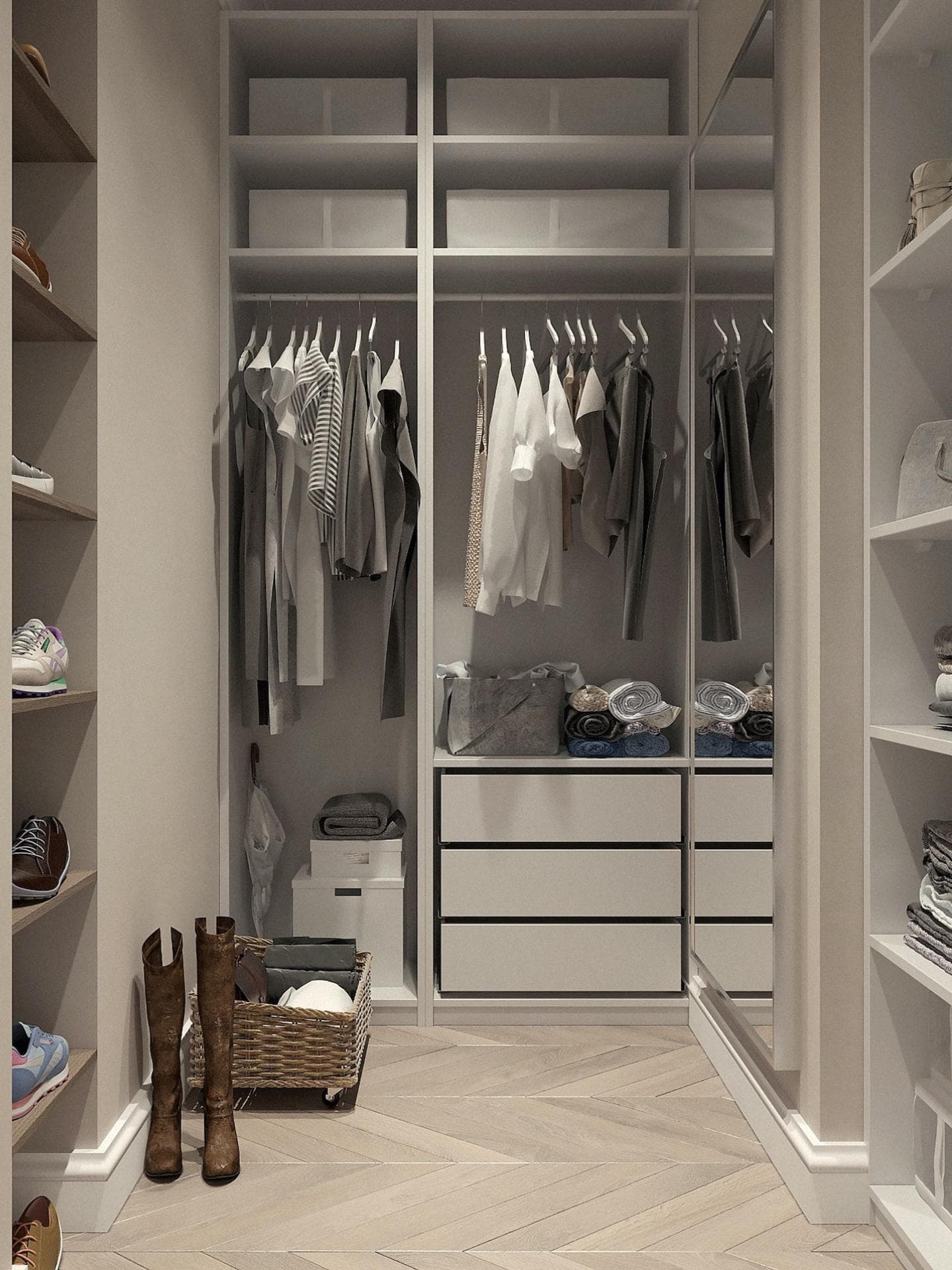 Offener Kleiderschrank mit Kleidung