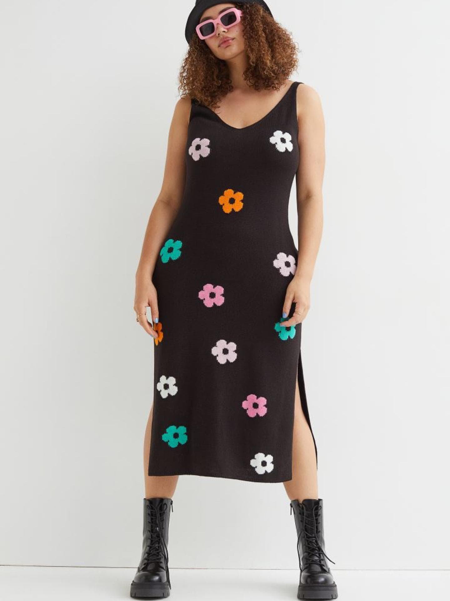 H&M+ Strickkleid Blumen schwarz