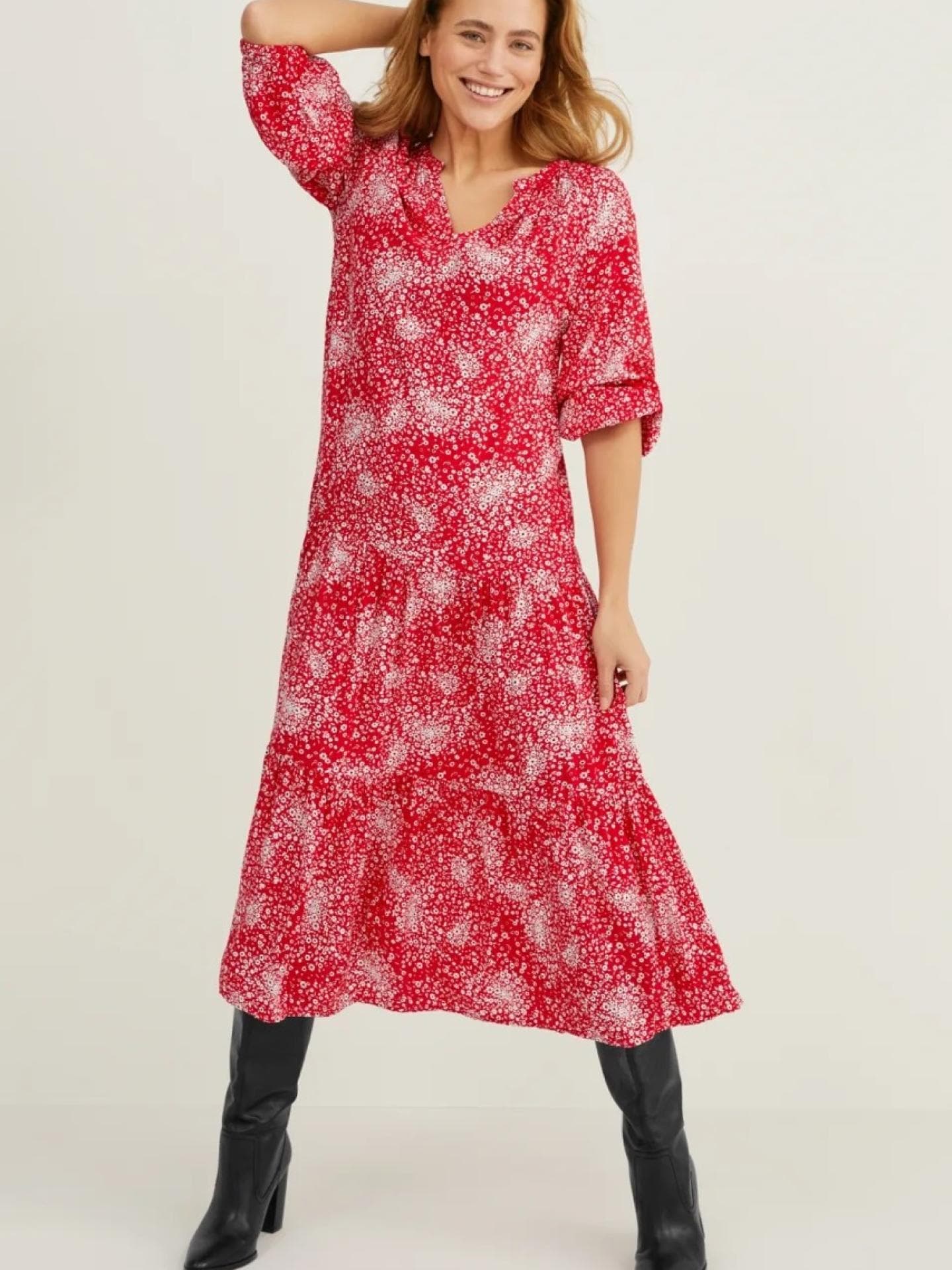 Kleid C&A rot mit Blumenmuster