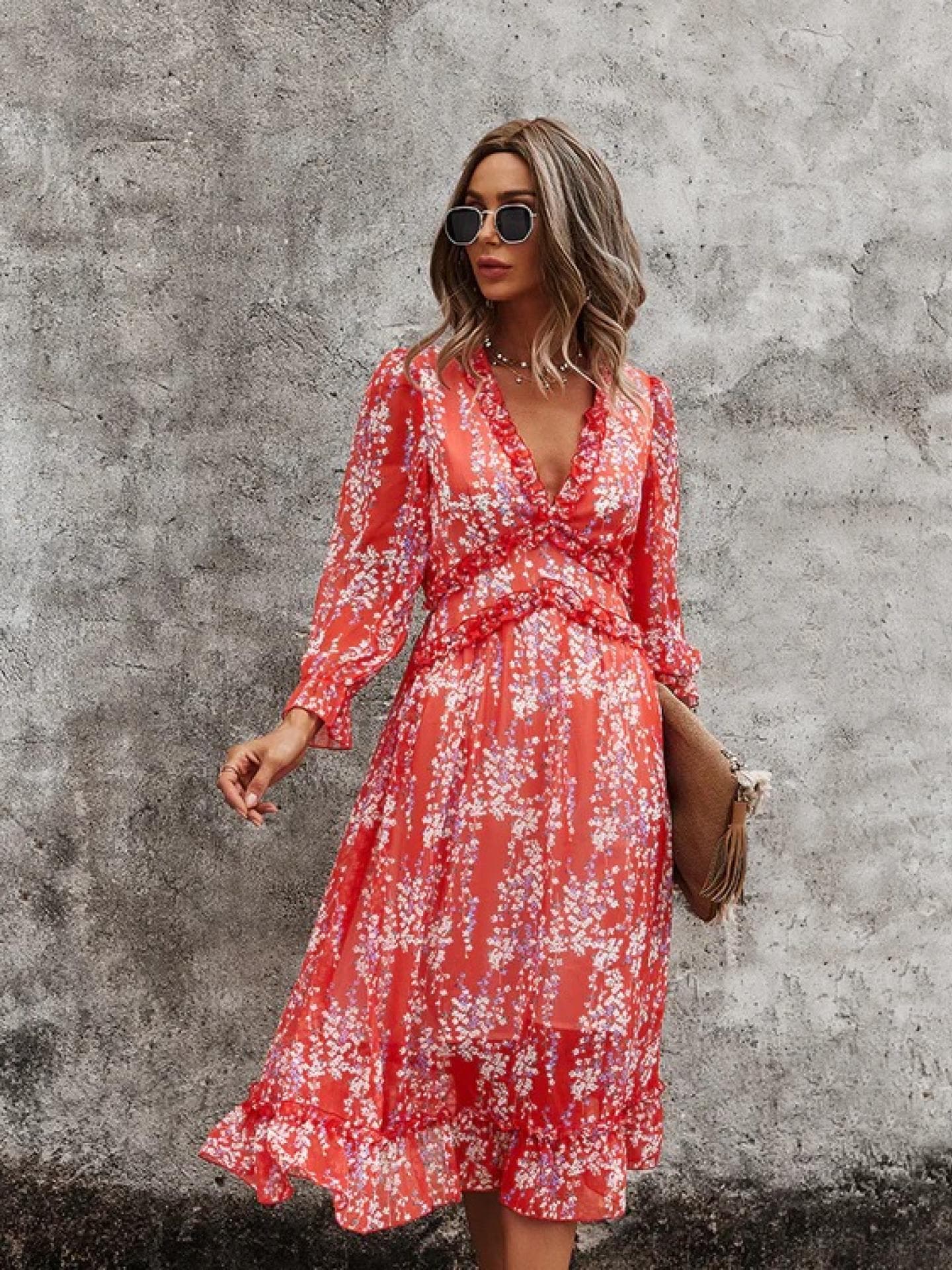 Midikleid rot mit Blumenmuster Fashion Movements