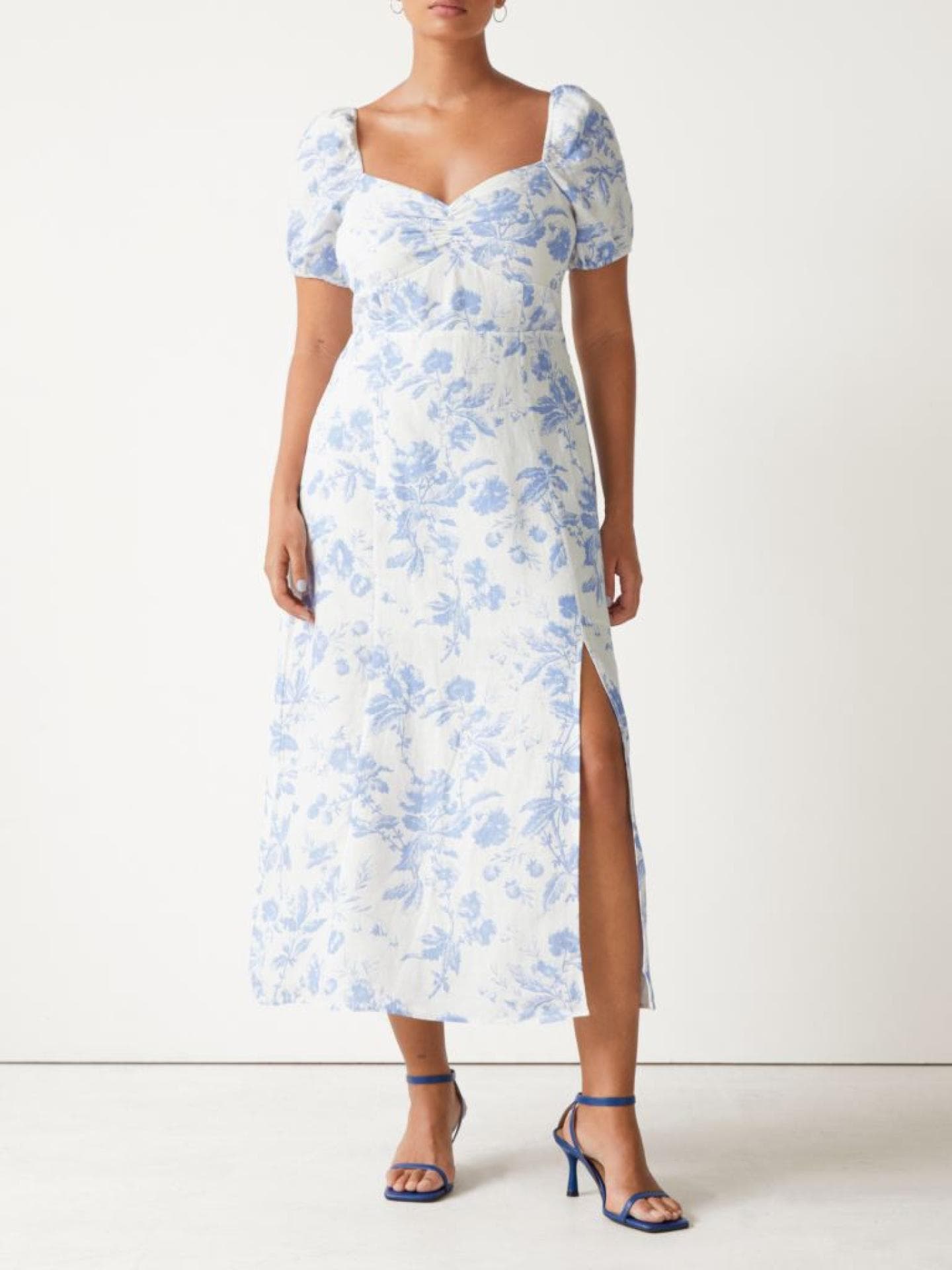 Midikleid aus Leinen mit Puffärmeln &other stories Weiß Blau