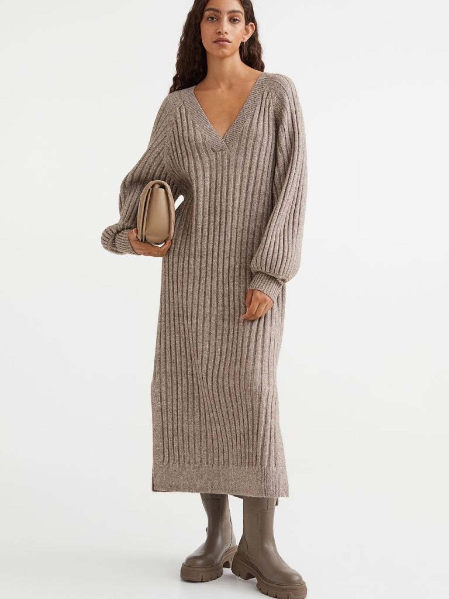 Geripptes Strickkleid Beigemeliert H&M