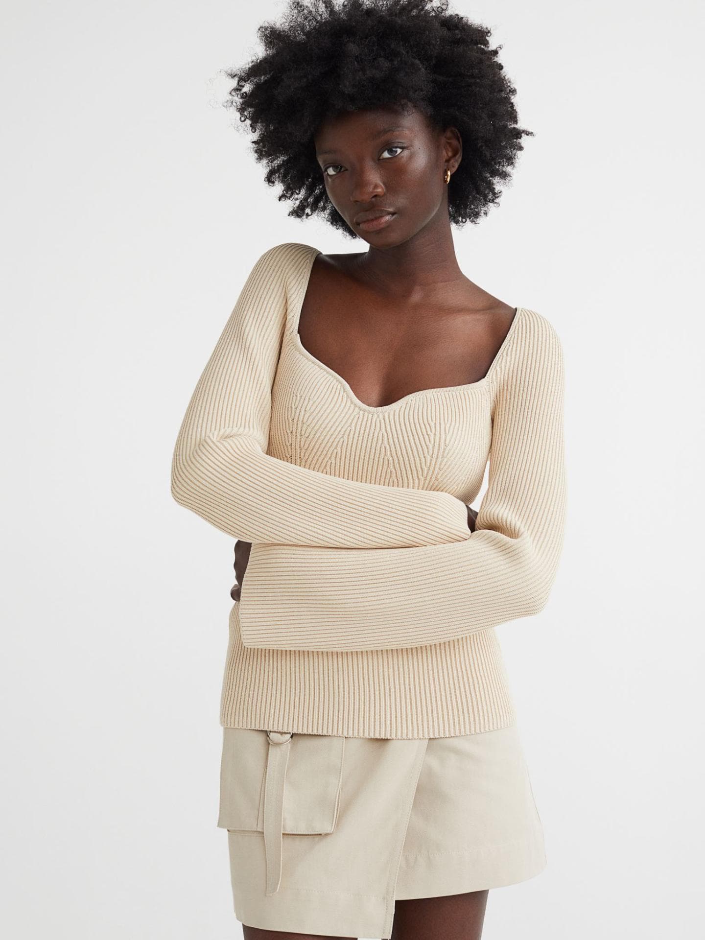 Geripptes Strickshirt Hellbeige H&M