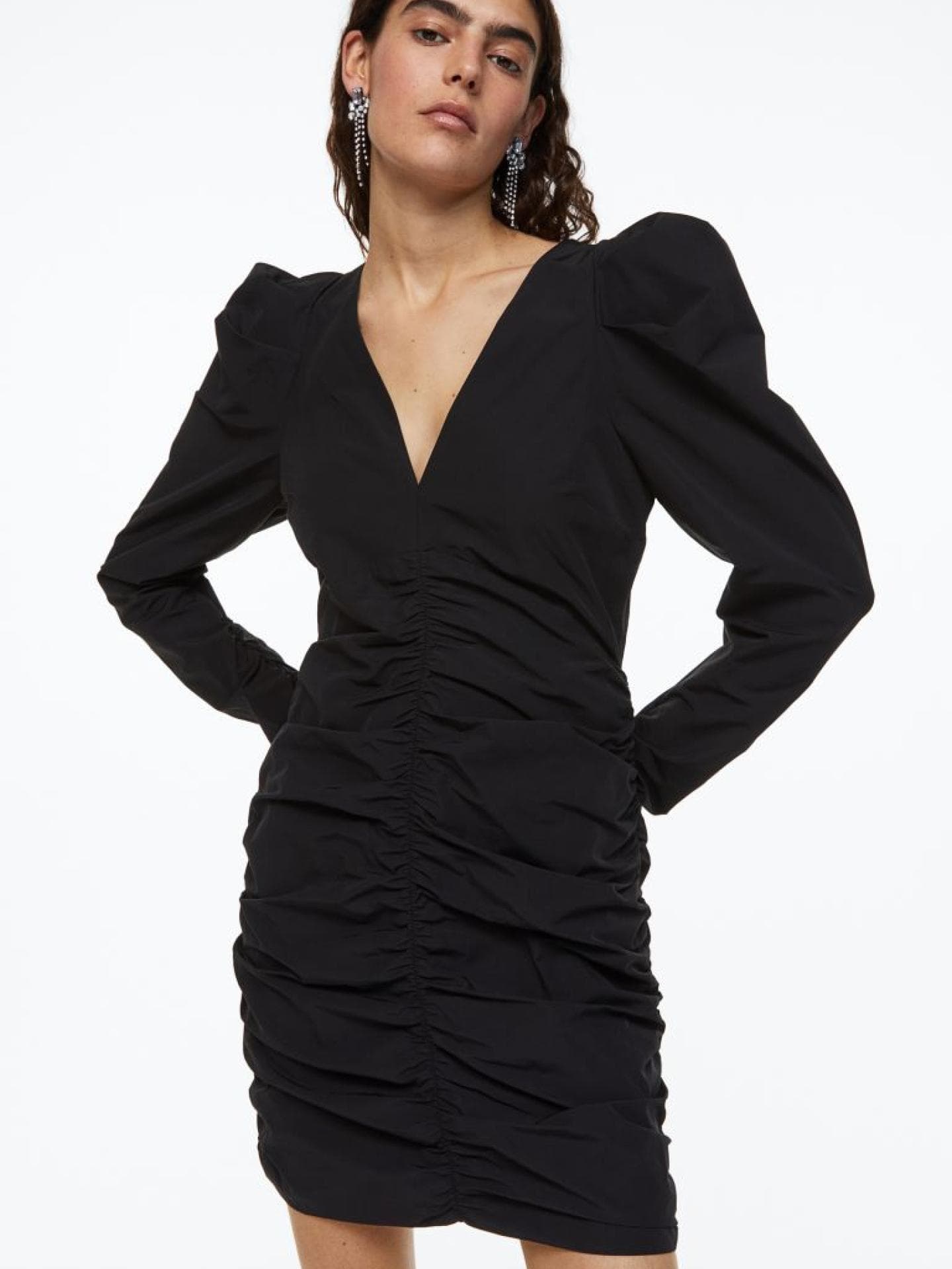 Gerafftes Kleid mit Puffärmeln H&M Schwarz