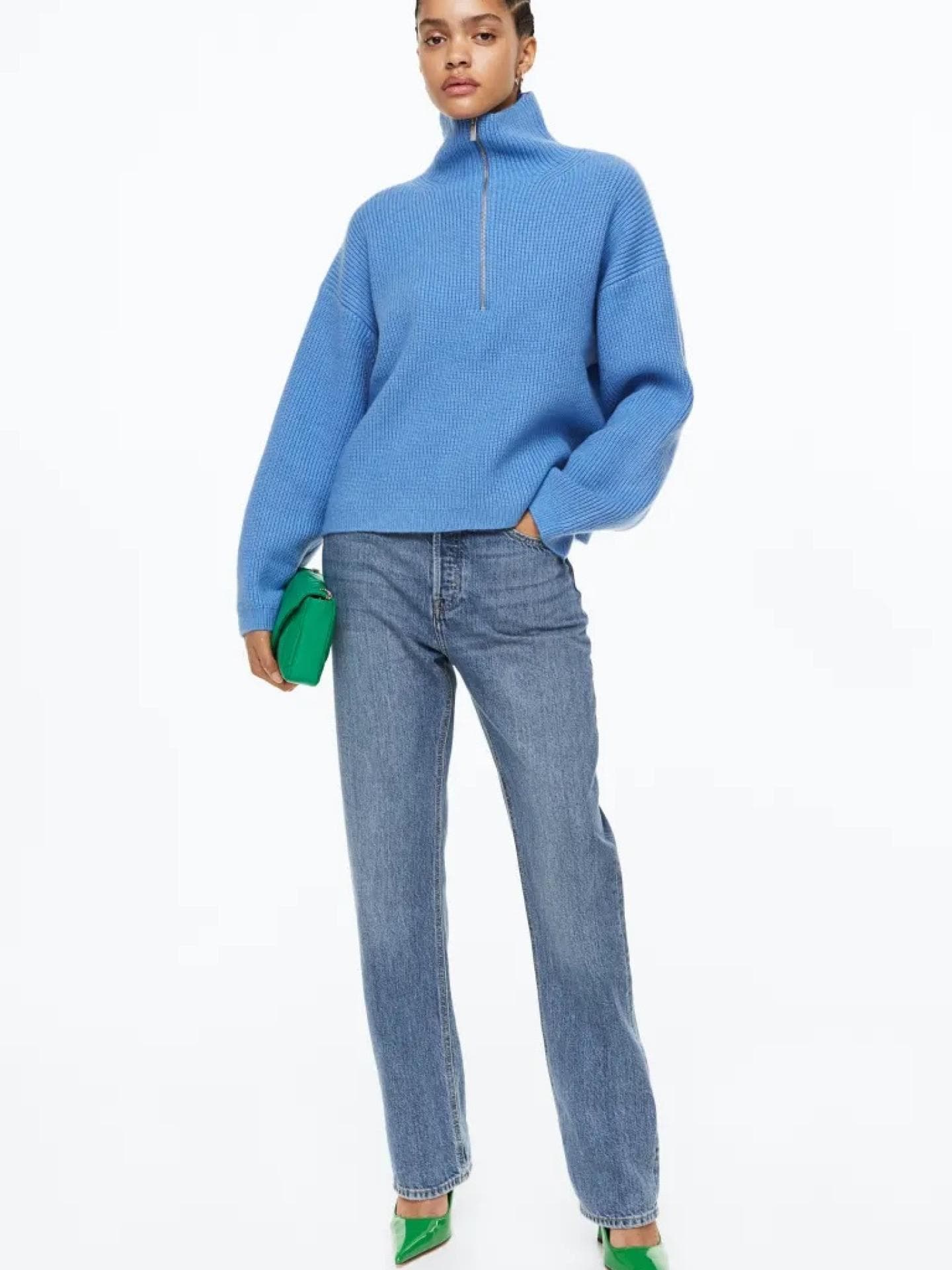 Gerippter Pullover mit Zipper hellblau H&M
