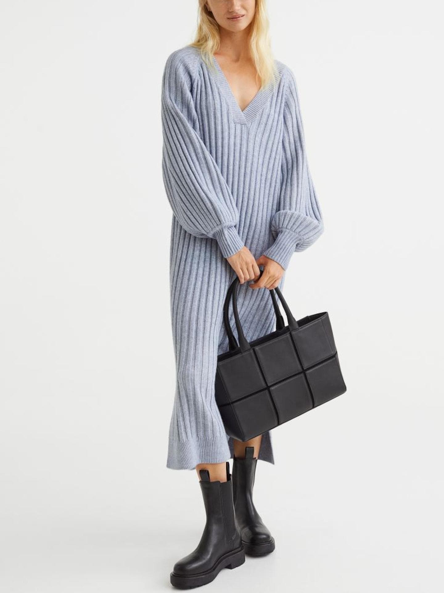 Geripptes Strickkleid Hellblau H&M