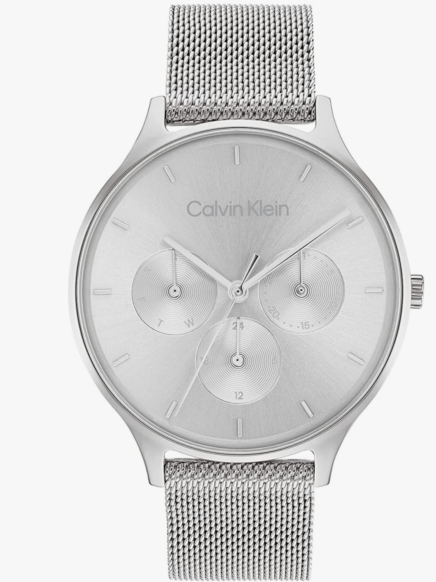 Calvin Klein Multi Zifferblatt Quarz Uhr für Damen mit Silbernes Edelstahl-Mesh-Gliederarmband silber
