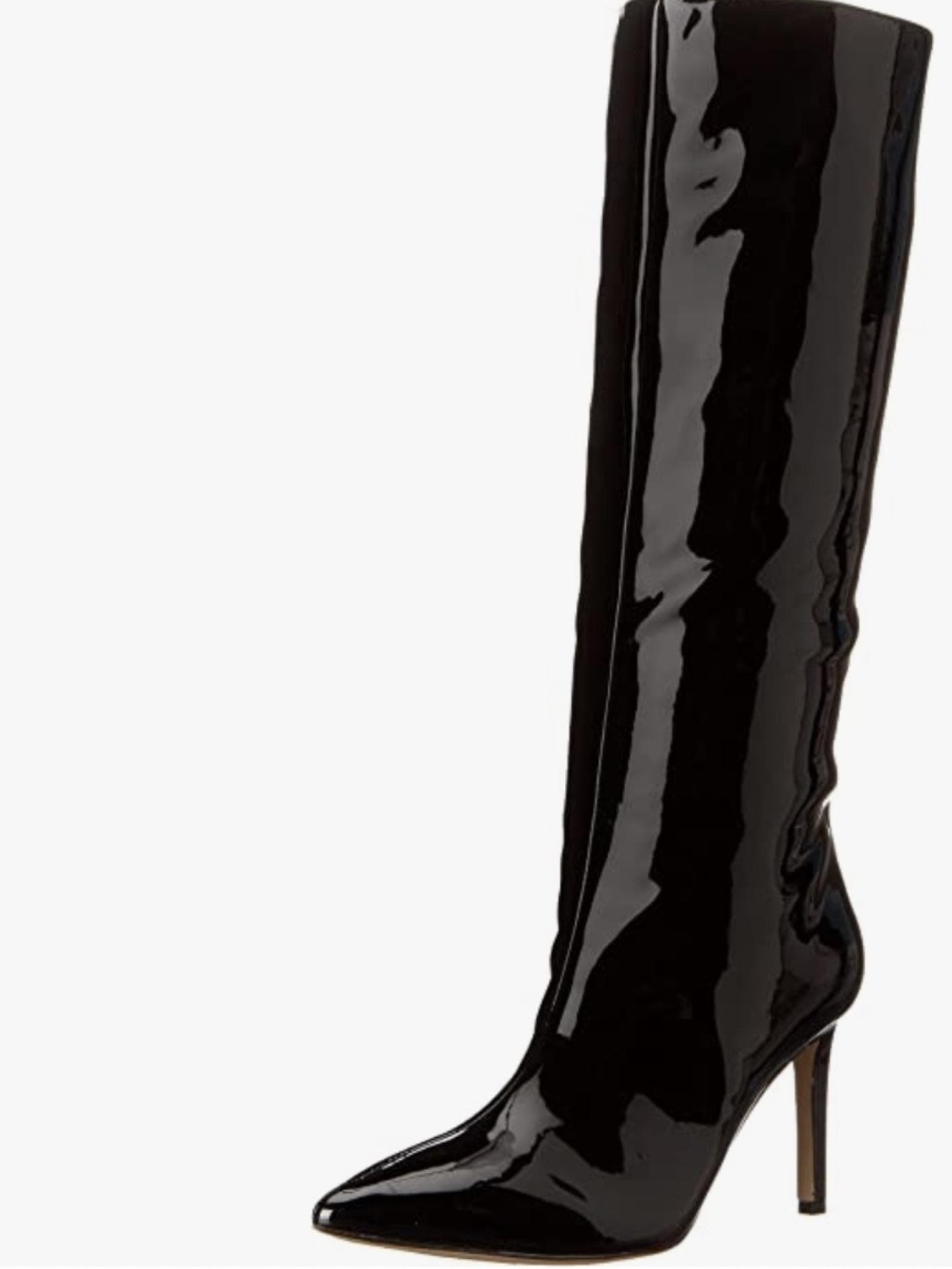 Kniehohe Stiefel in Lackoptik und mit spitzem Absatz von Guess über Amazon