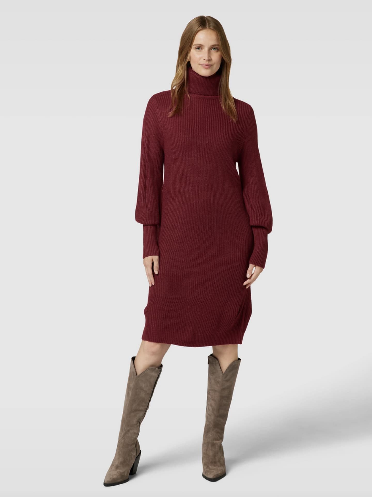 Knielanges Strickkleid mit Rollkragen Modell 'LOU' in bordeaux rot VILA