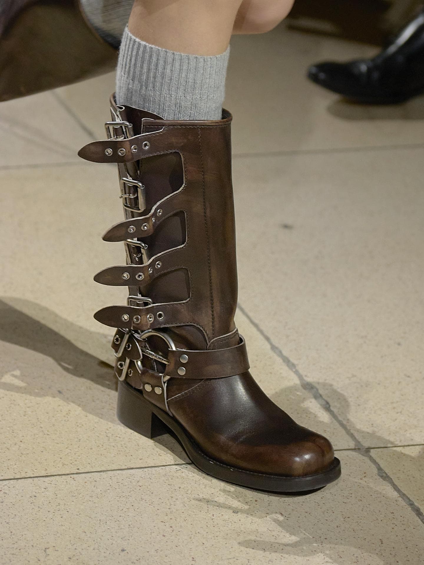 Miu Miu Fashion Show Fall Winter 2022 Biker Boot in Braun