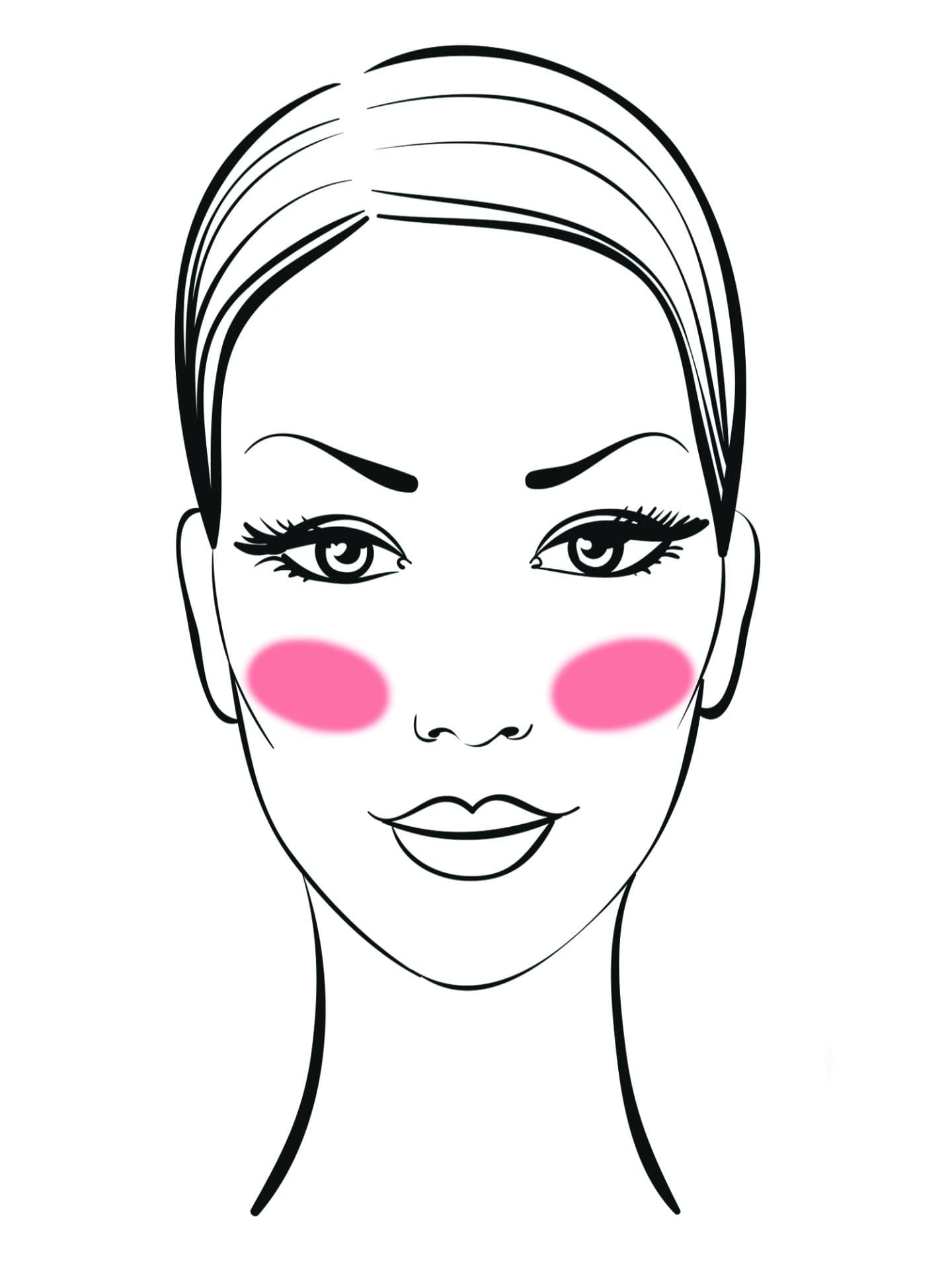 Wer ein langes Gesicht hat, trägt den Blush am besten fast schon in waagerechter Position mittig vom Gesicht auf. Das lenkt den Blick auf die Gesichtsmitte und verkürzt so optisch die meist recht ausgeprägte Stirn- und Kinnpartie.