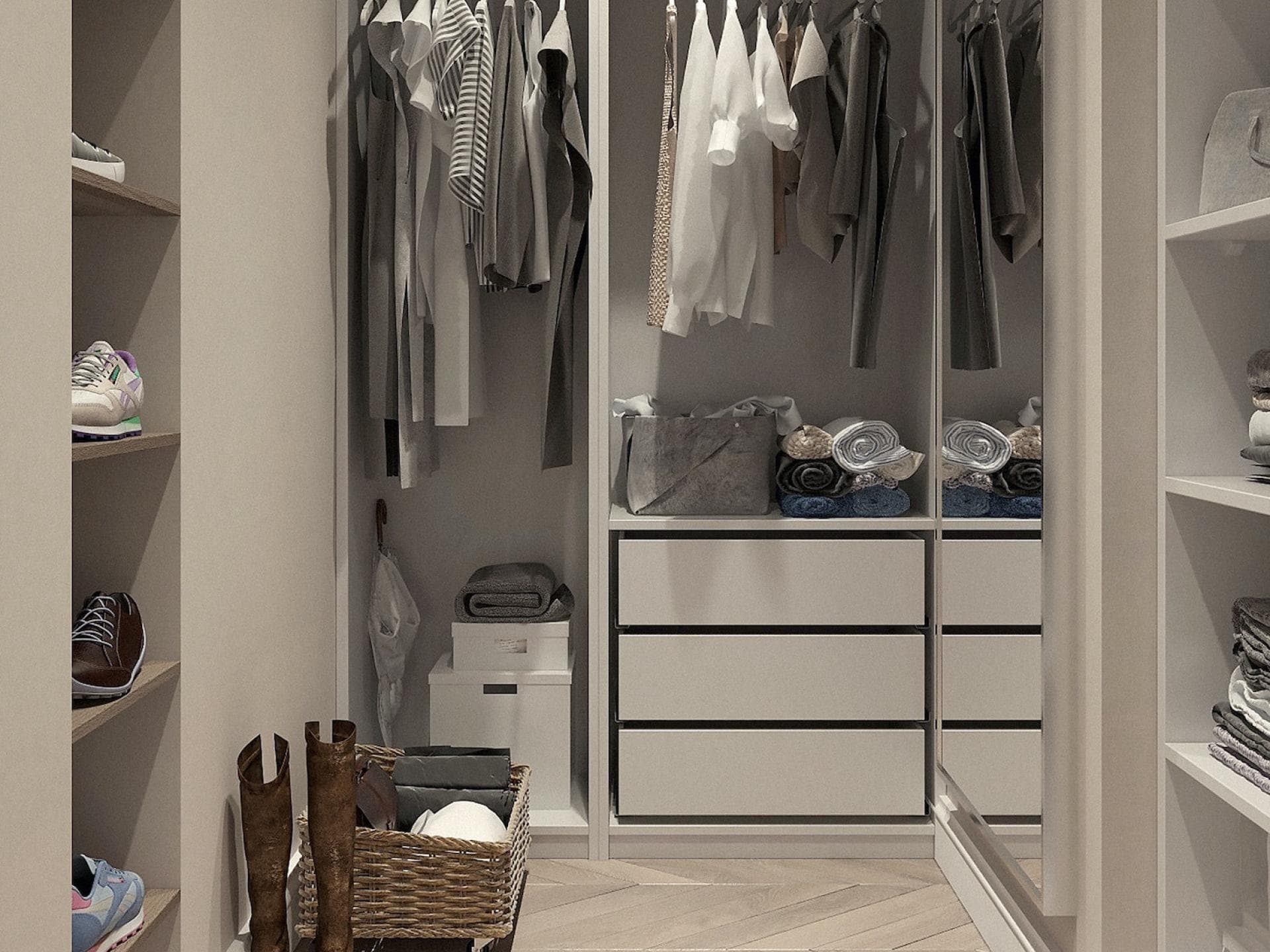 Offener Kleiderschrank mit Kleidung