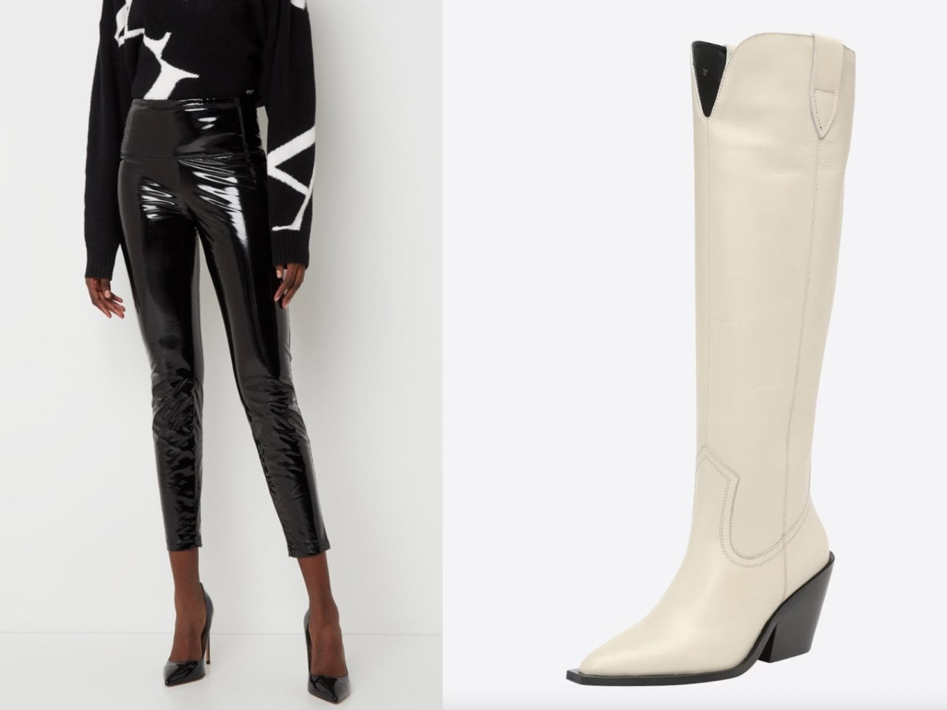 Lack-Leggings und weißer Cowboy Stiefel
