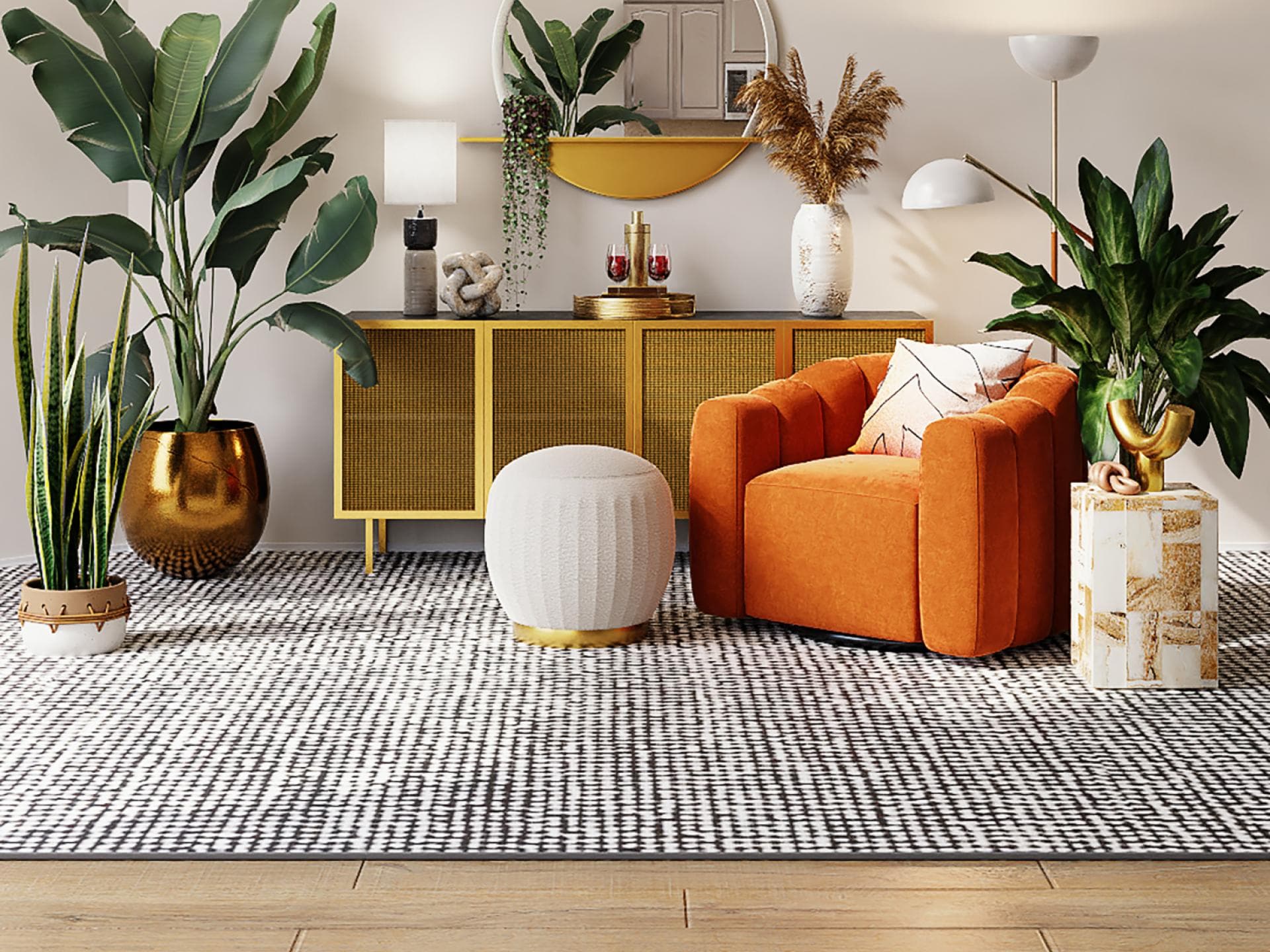 Wohnzimmer orangener Sessel und Kommode