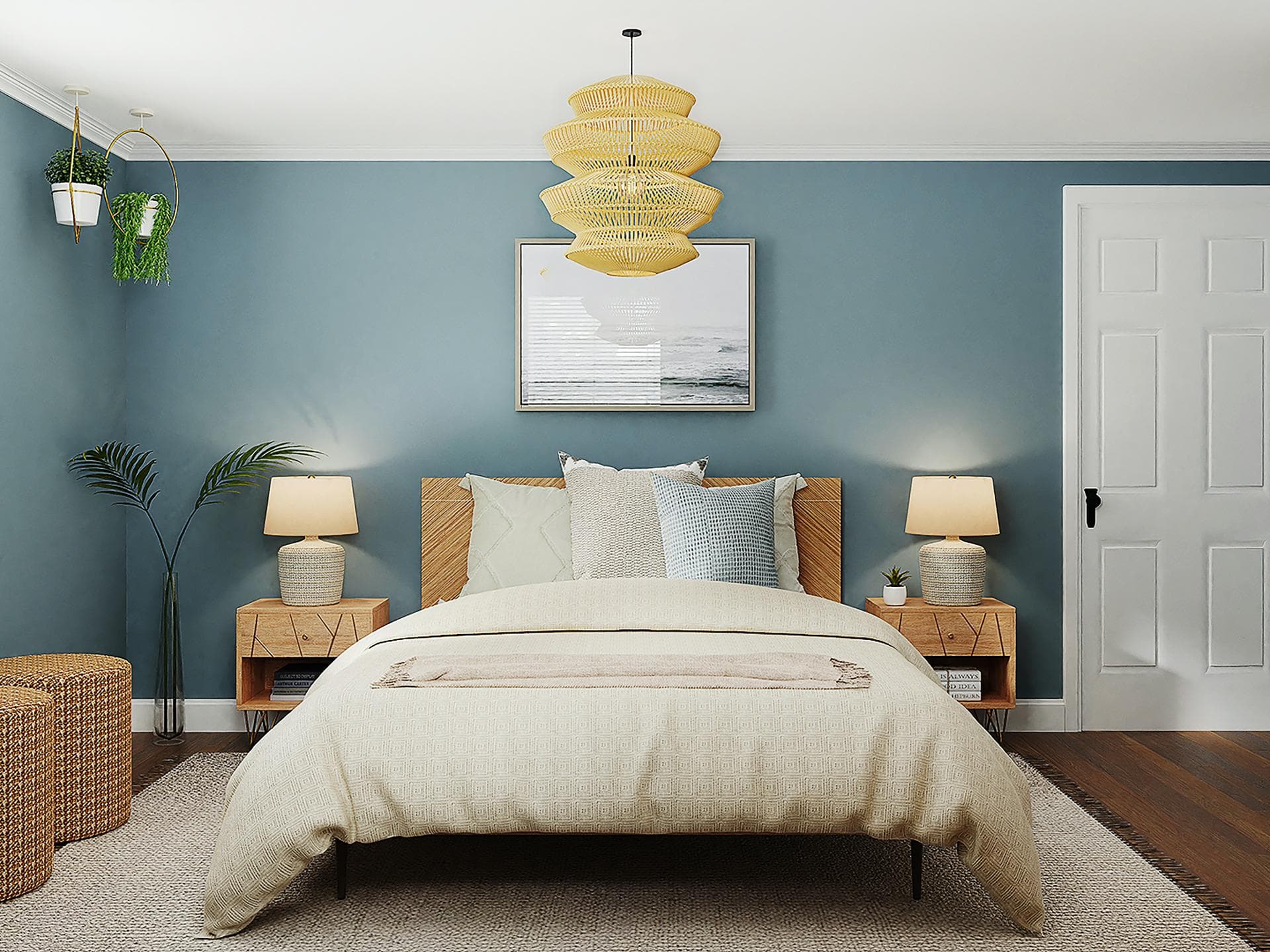 Schlafzimmer mit blauer Wandfarbe und Naturtönen