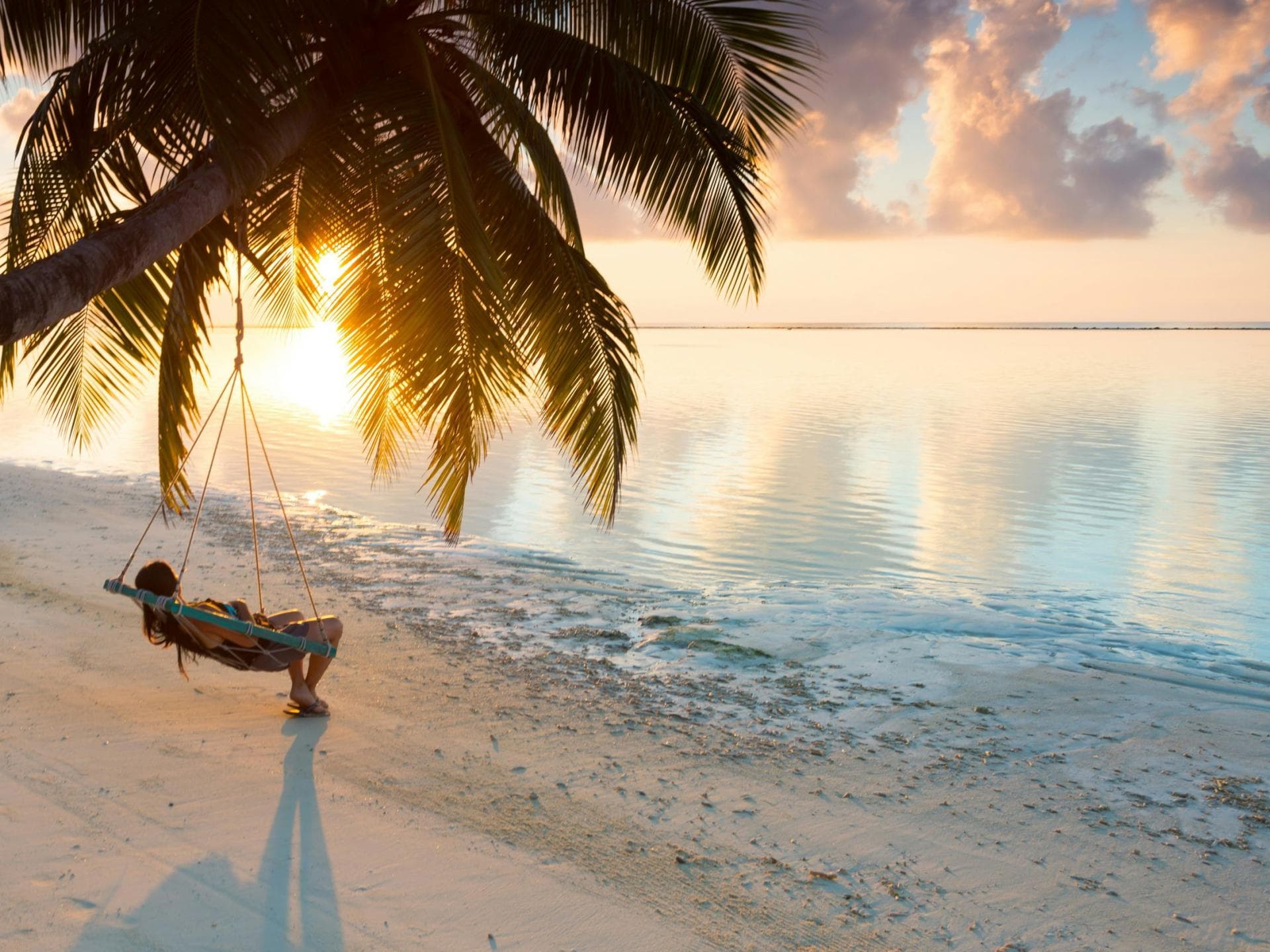 Frau am Traumstand liegt in einer Hängematte, die an einer Palme befestigt ist