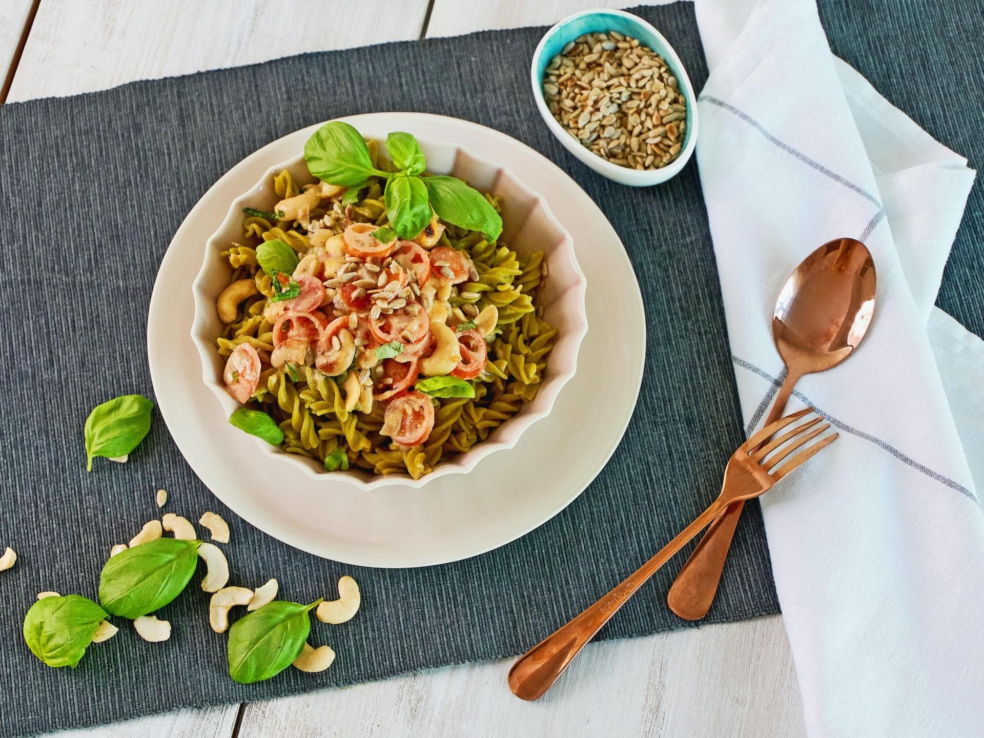 Erbsen-Fussili mit Cashew-Creme