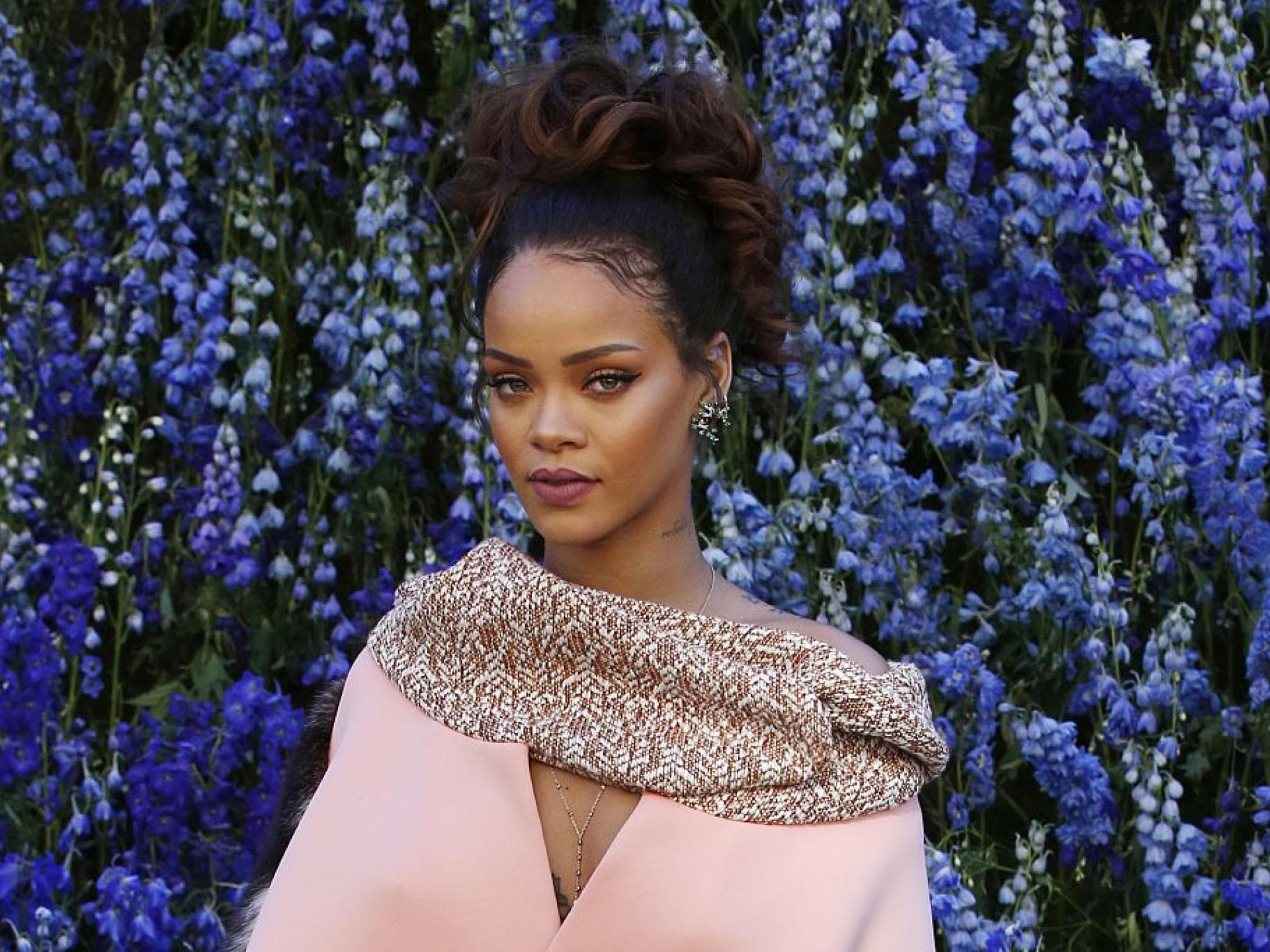 Lieblingsparfums der Stars Rihanna in einem rosafarbenen Dress bei der Dior Fashion Show im Jahr 2015.
